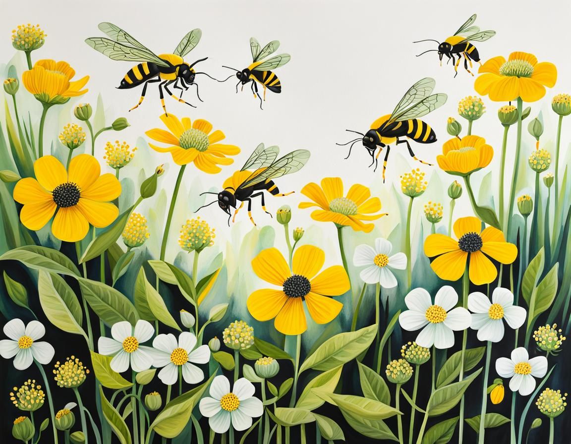 Wasps Pollinating Flowers in Spring Garden