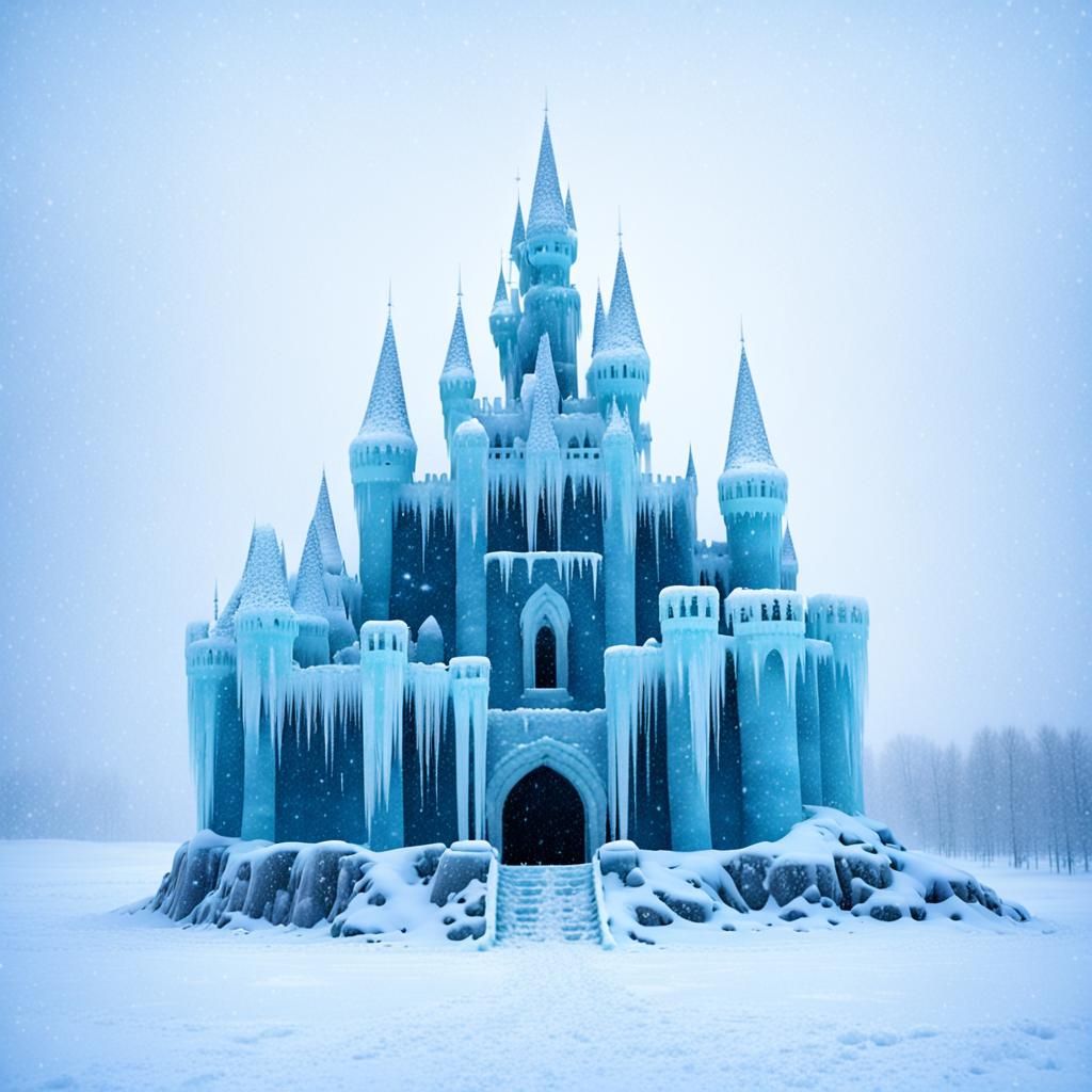 Majestic Ice Castle in a Snowstorm