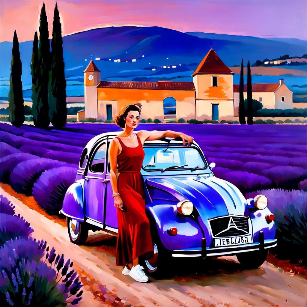 French Woman in Lavender Field, Oil Painting Style