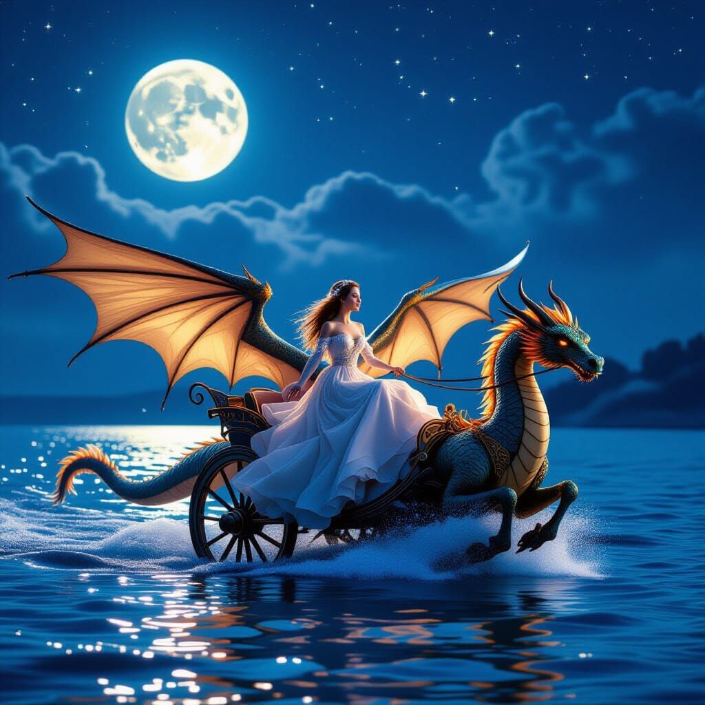 Dragon-Drawn Carriage on Moonlit Water