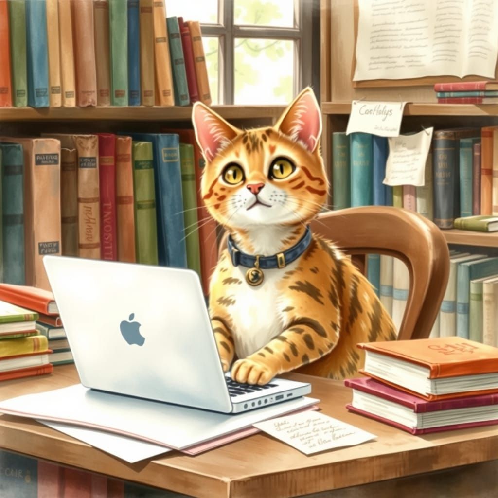 Cat at Laptop in Cozy Study, Watercolor Style