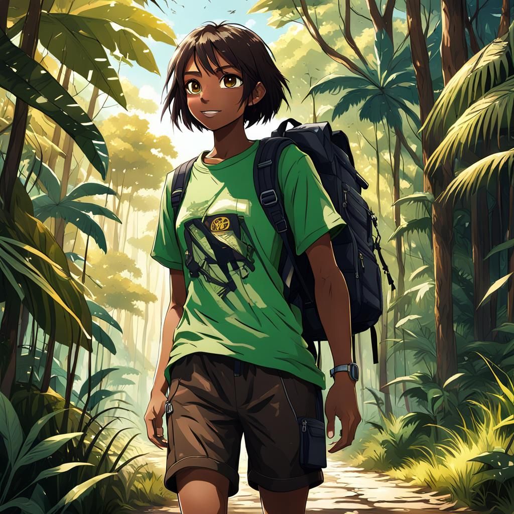 Anime Girl Exploring Jungle on Sunny Day