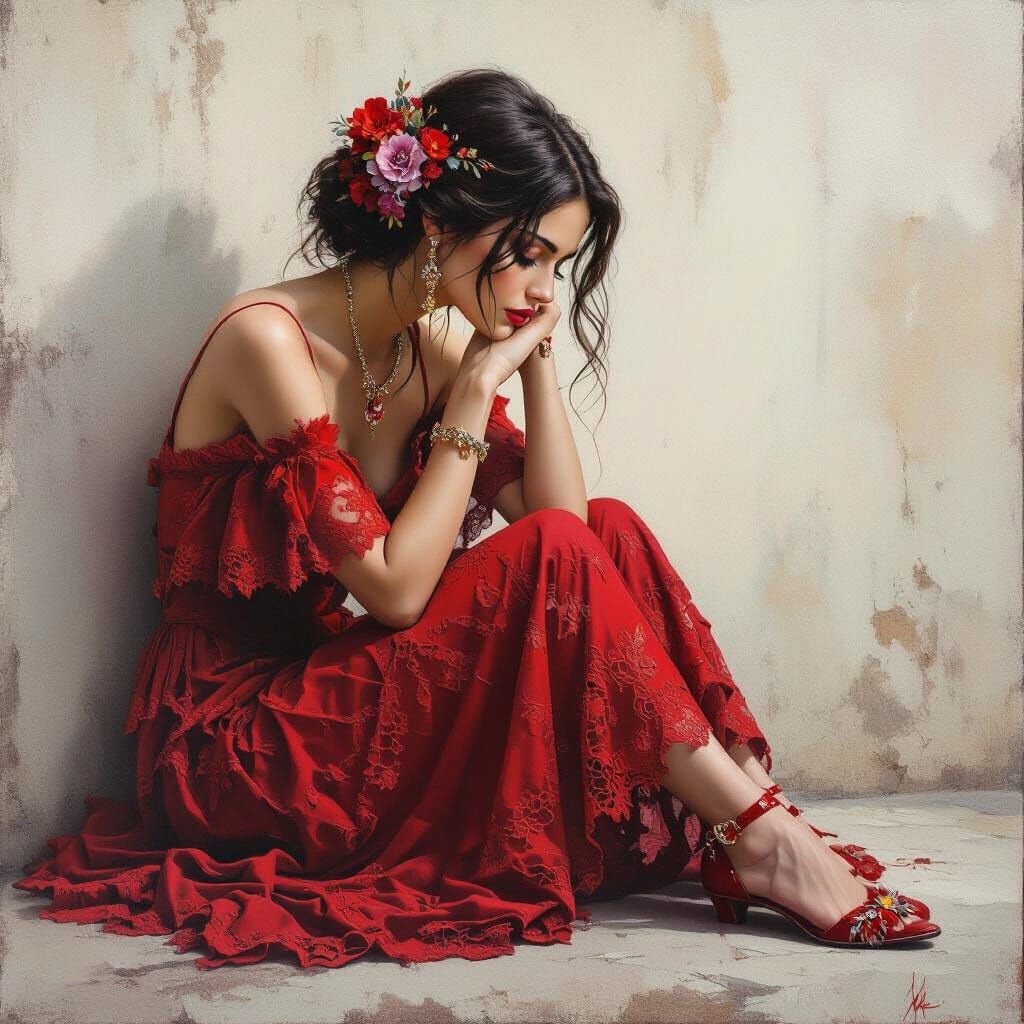 Solemn Woman in Red Lace Dress, Dreamlike Atmosphere