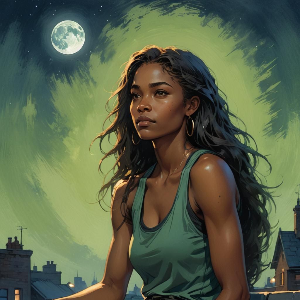 Moonlit Rooftop Portrait in Fantasy Art Style