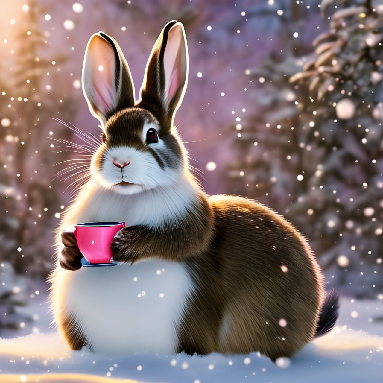 Rabbit Sipping Tea in Winter Garden, Cel-Shaded