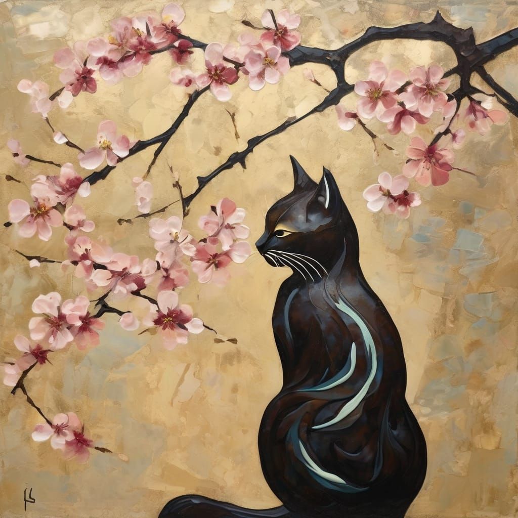 Cat and plum blossoms