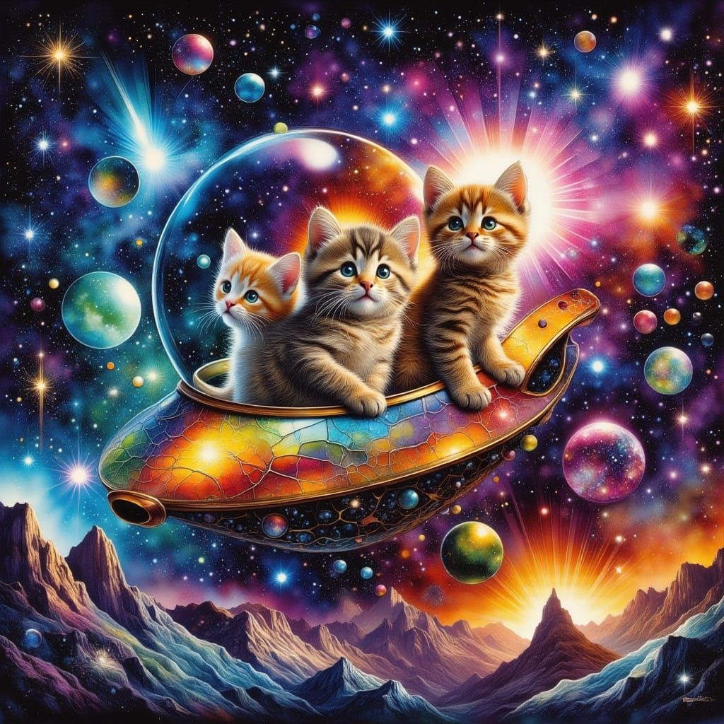 Adorable Kittens Explore Shimmering Cosmic Nebula
