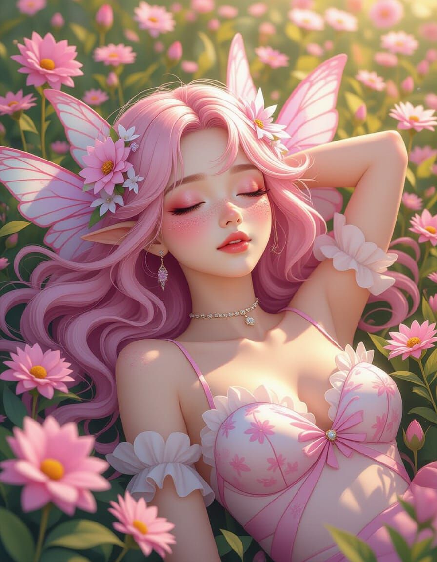 Asian Fairy in Flower Field, Candy Art Style