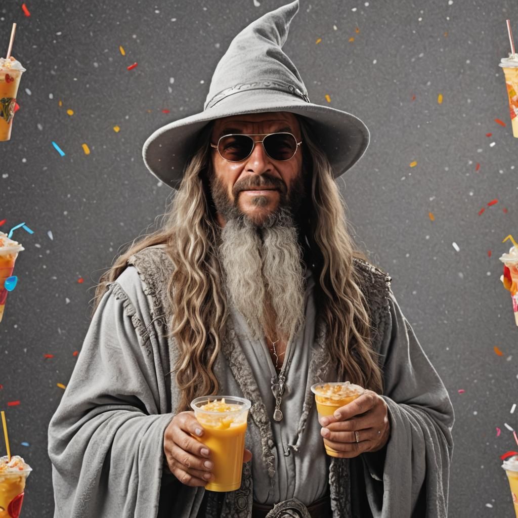 Macho man randy savage as gandalf or macho mandalf with mini party cup background depth with 10 layers optimize layeri...
