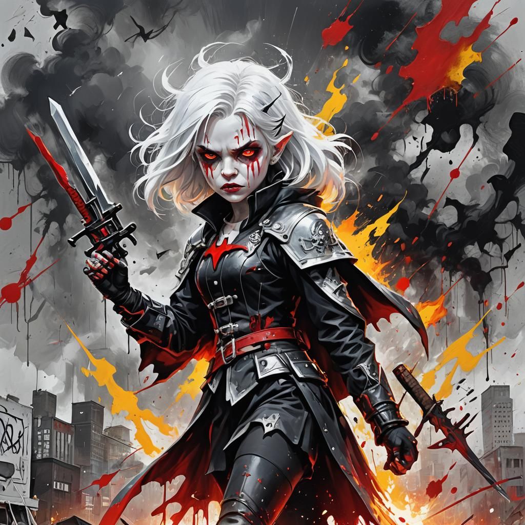 Horned Vampire Child with Sword and Gun in Graffiti Art