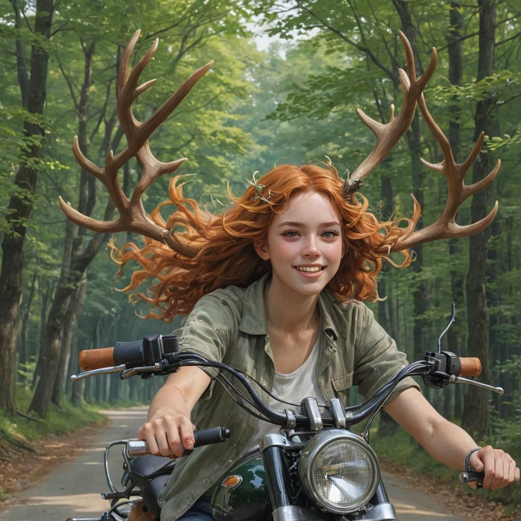Antlered Girl on Motorbike: Watercolor Concept Art
