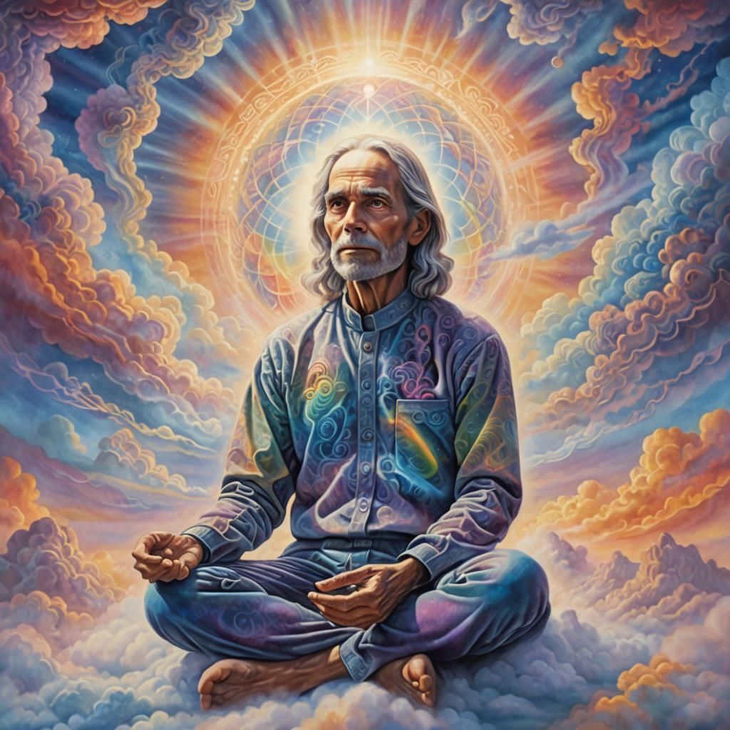 Mystical Figure Amidst Iridescent Clouds in Surreal Style