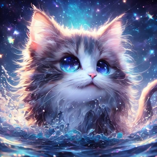 Adorable Mythical Cat Splashing Happily at Night