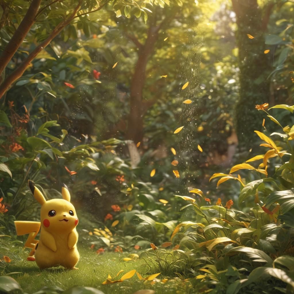 Pikachu's Whimsical Sneeze in a Magical Garden