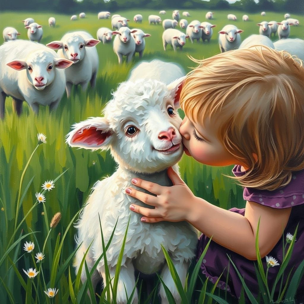 Charming Neo-Impressionist Scene of a Girl Embracing a Baby...