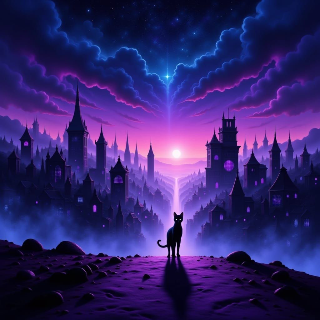 Black Cat in Glittering Cityscape