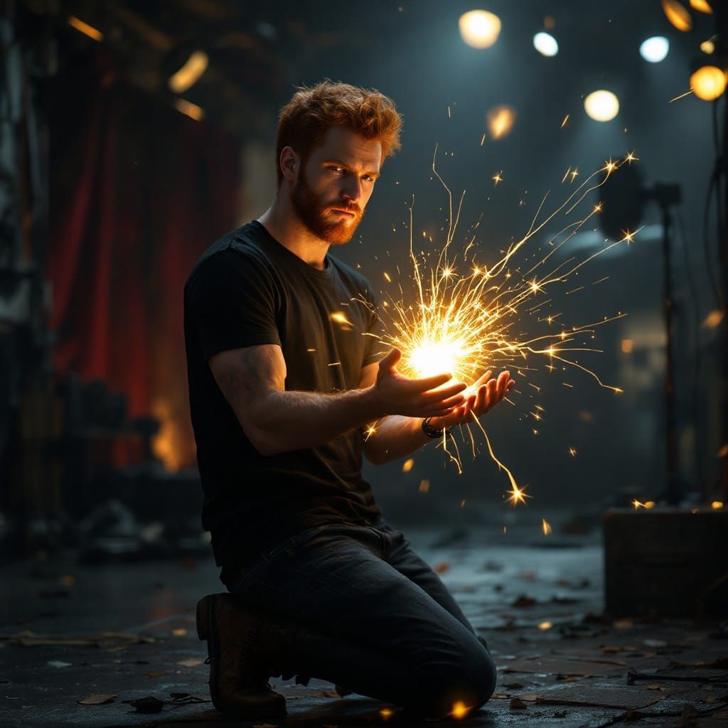 Man Holding Golden Light in Hyperrealistic Oil Painting