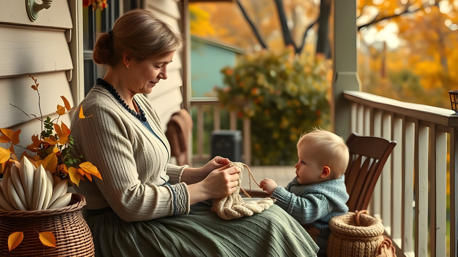 1900 Woman Knitting on Porch on Autumn Day