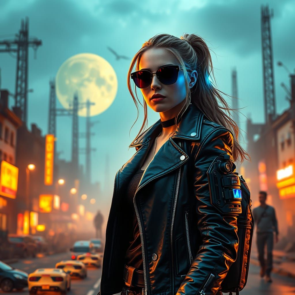 Cyberpunk Lady in Apocalyptic City, Syd Mead Style