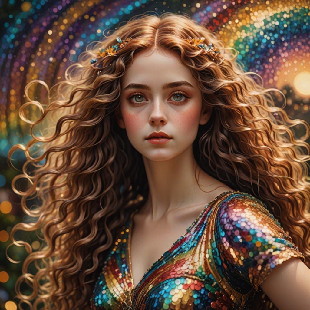 Ethereal Pre-Raphaelite Woman in Rainbow-Hued Dress