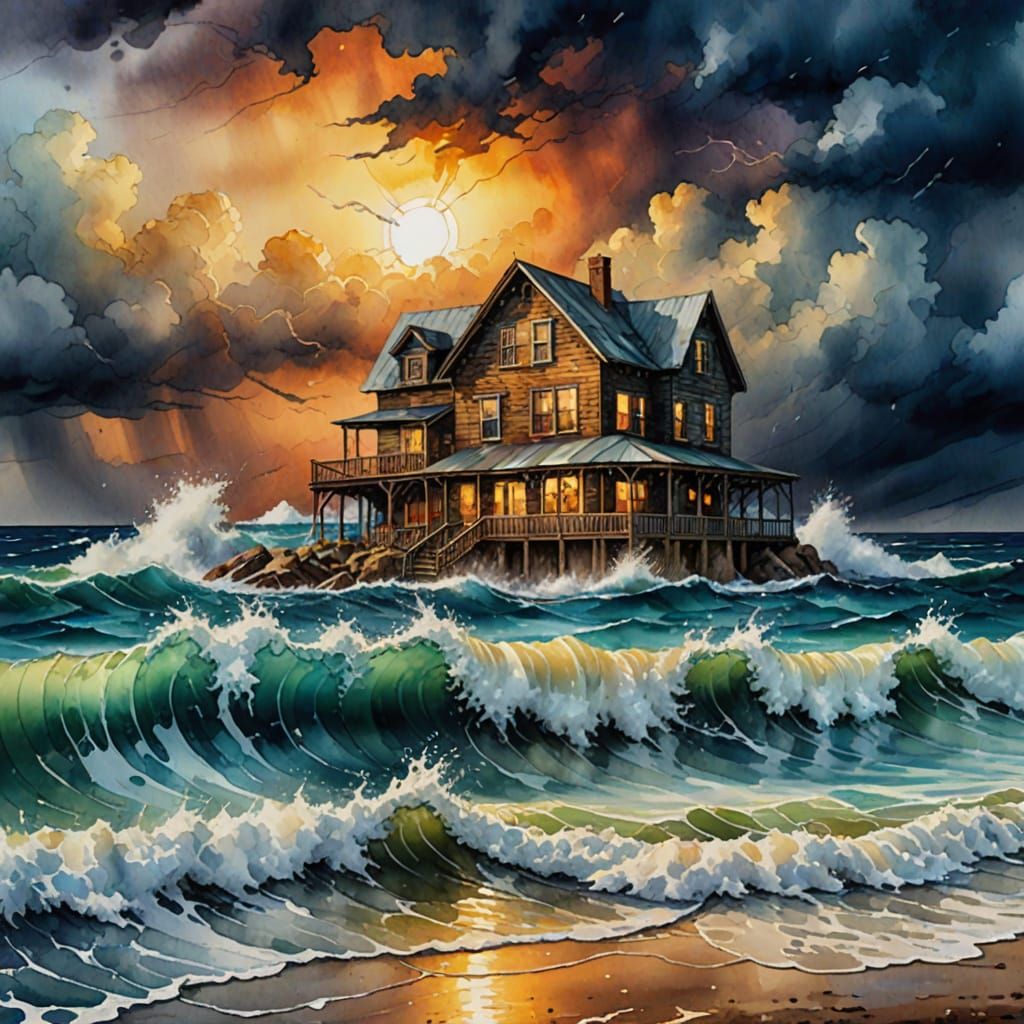 Stormy Coast: Rickety House in Alcohol Ink Style