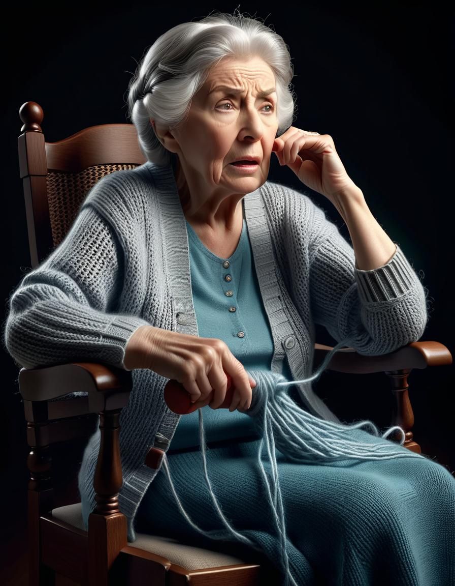 Frustrated Old Lady with Tangled Knitting