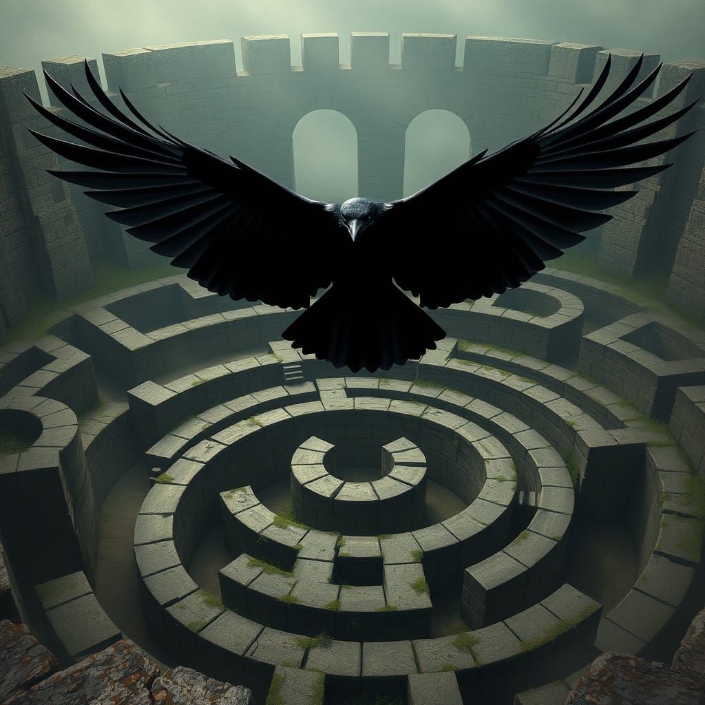 Majestic Crow Soars Above Ancient Escher-Inspired Maze