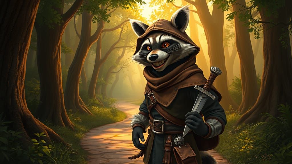 Medieval Outlaw Raccoon in Earthy Forest