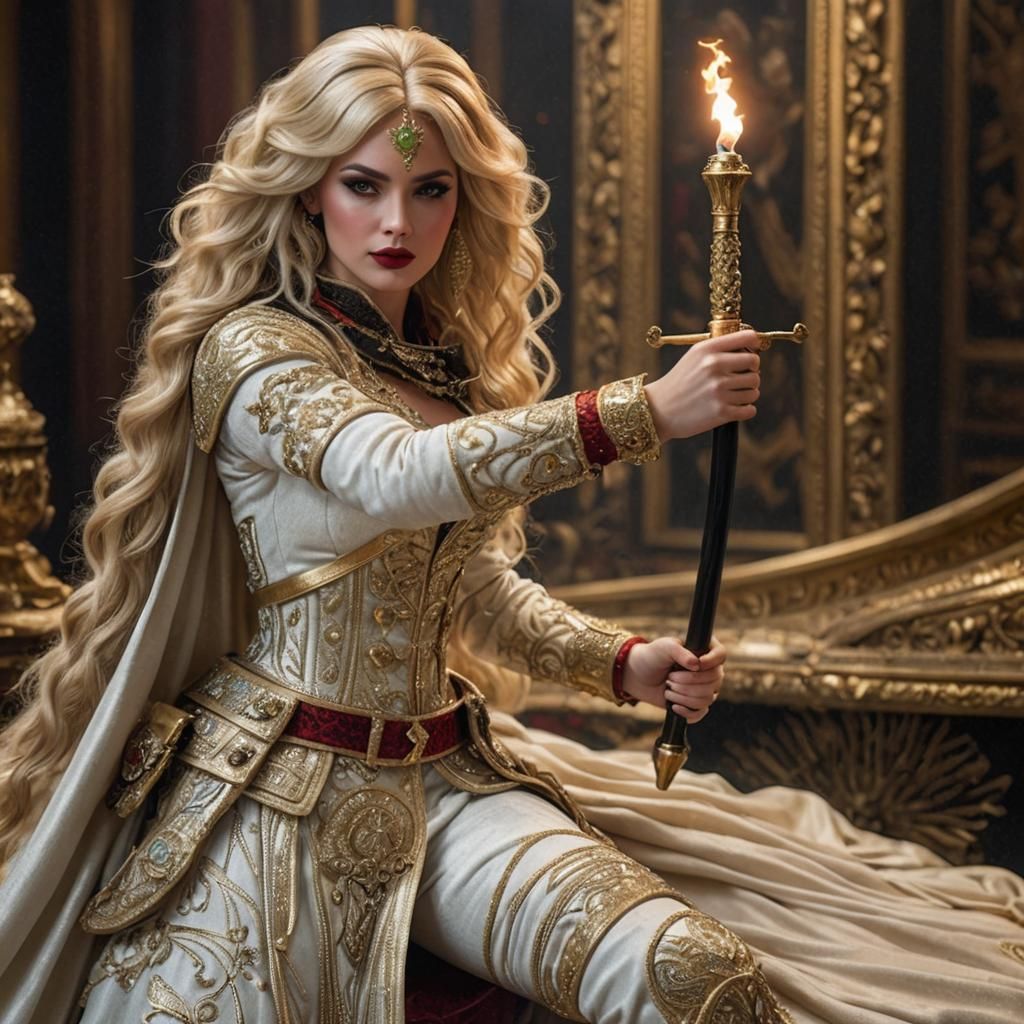 22 year old female, luxurious blonde 1960’s bouffant hair, black eyeshadow, red lipstick, leather clothing, holding a st...