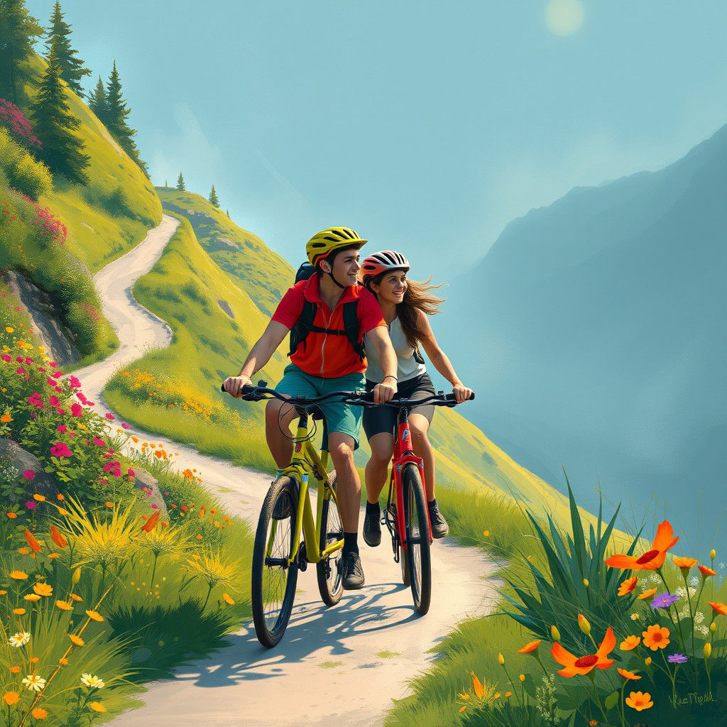 Cycling Couple on Mountain Trail in Dreamy Landscape