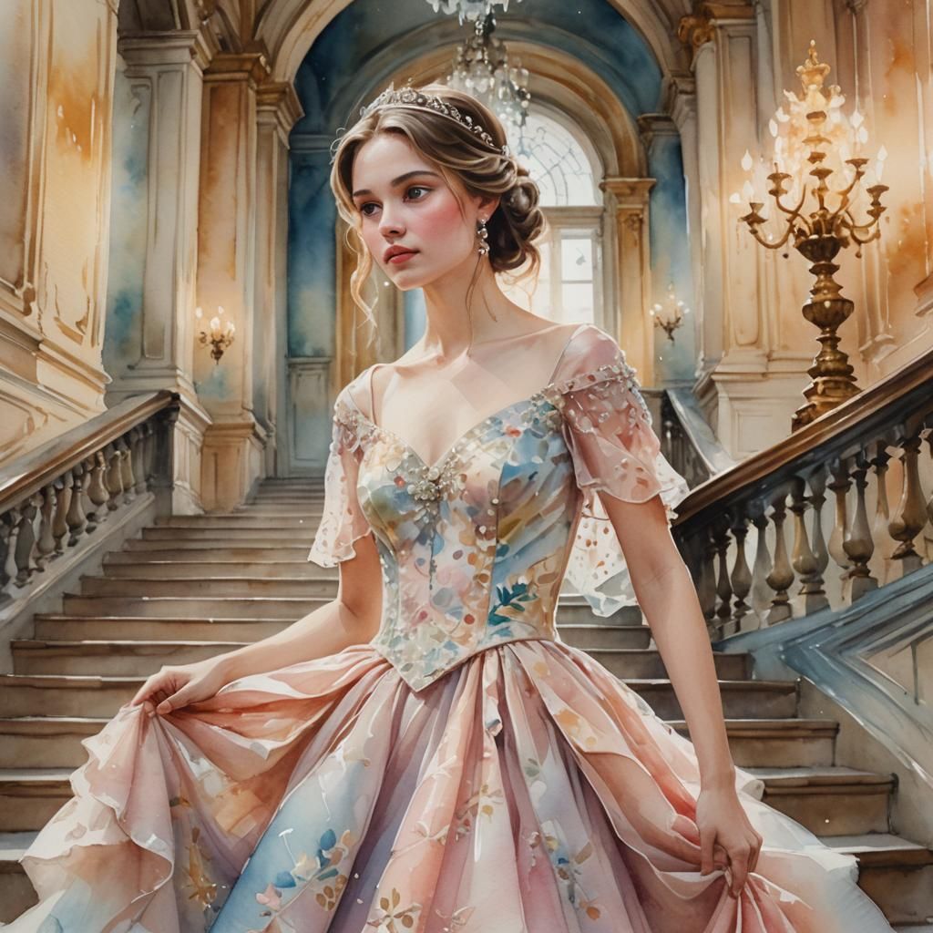Watercolor Portrait of a Princess on Palace Stairs
