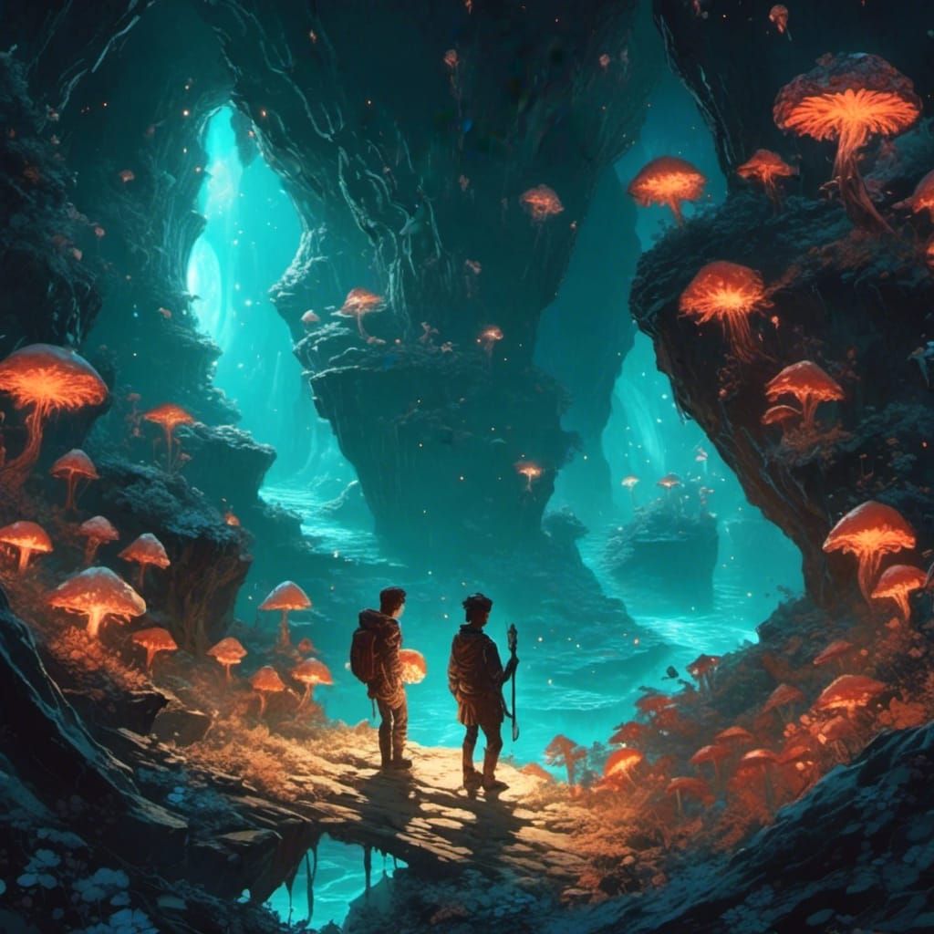Bioluminescent Mushroom Cave with Adventurer