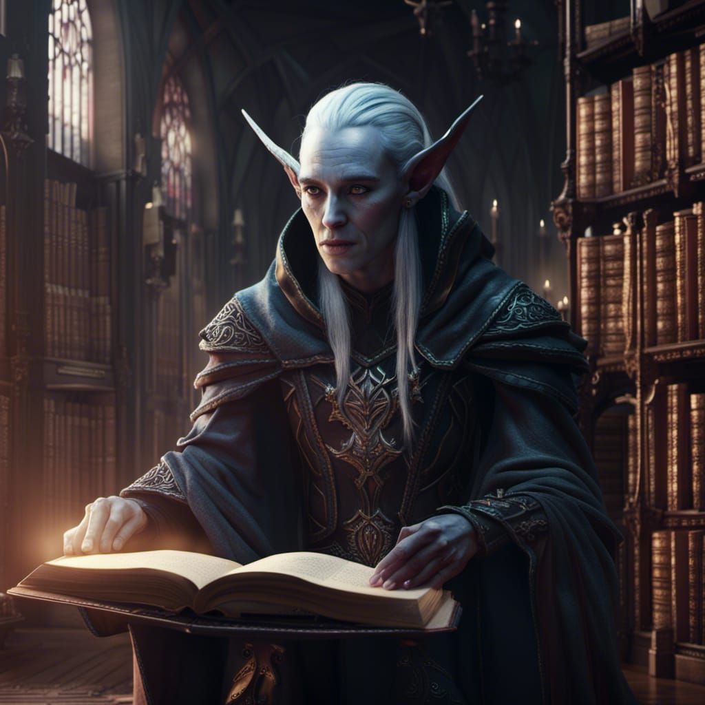 Dark Elf Reading in an Elven Library
