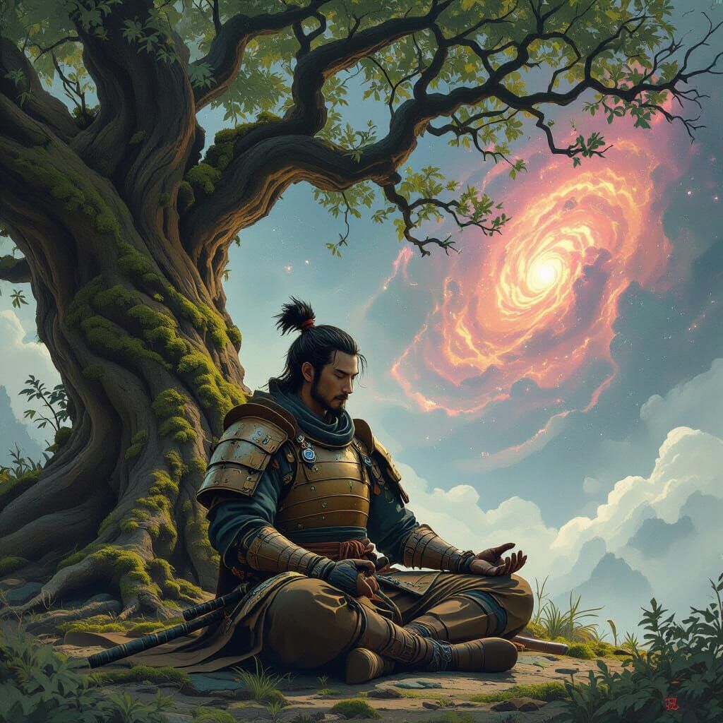 Samurai Meditating Under Cosmic Nebula Tree