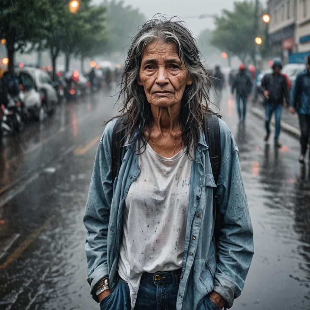 Homeless Woman in Rain, Neo-Expressionistic Photojournalism