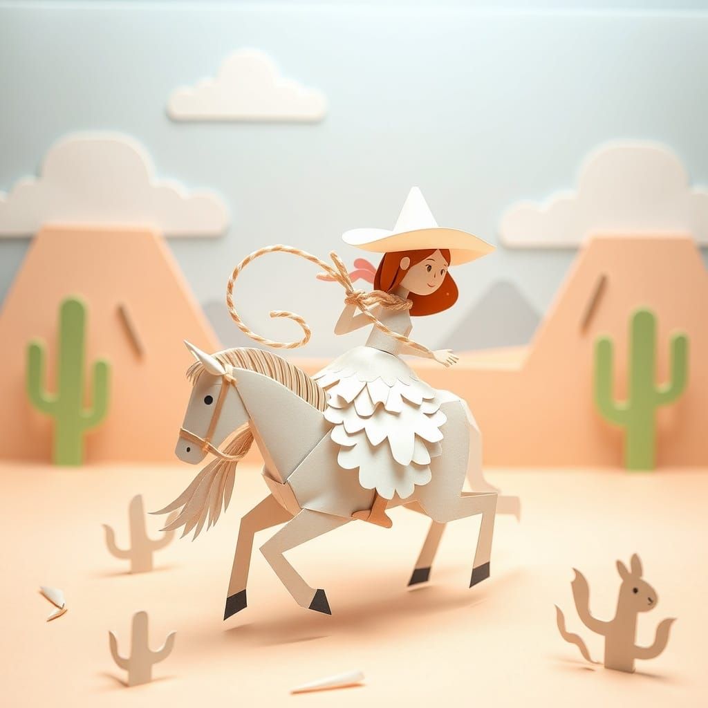 Papercraft Cowgirl Riding Horse in Pastel Pop-Up Book Landsc...