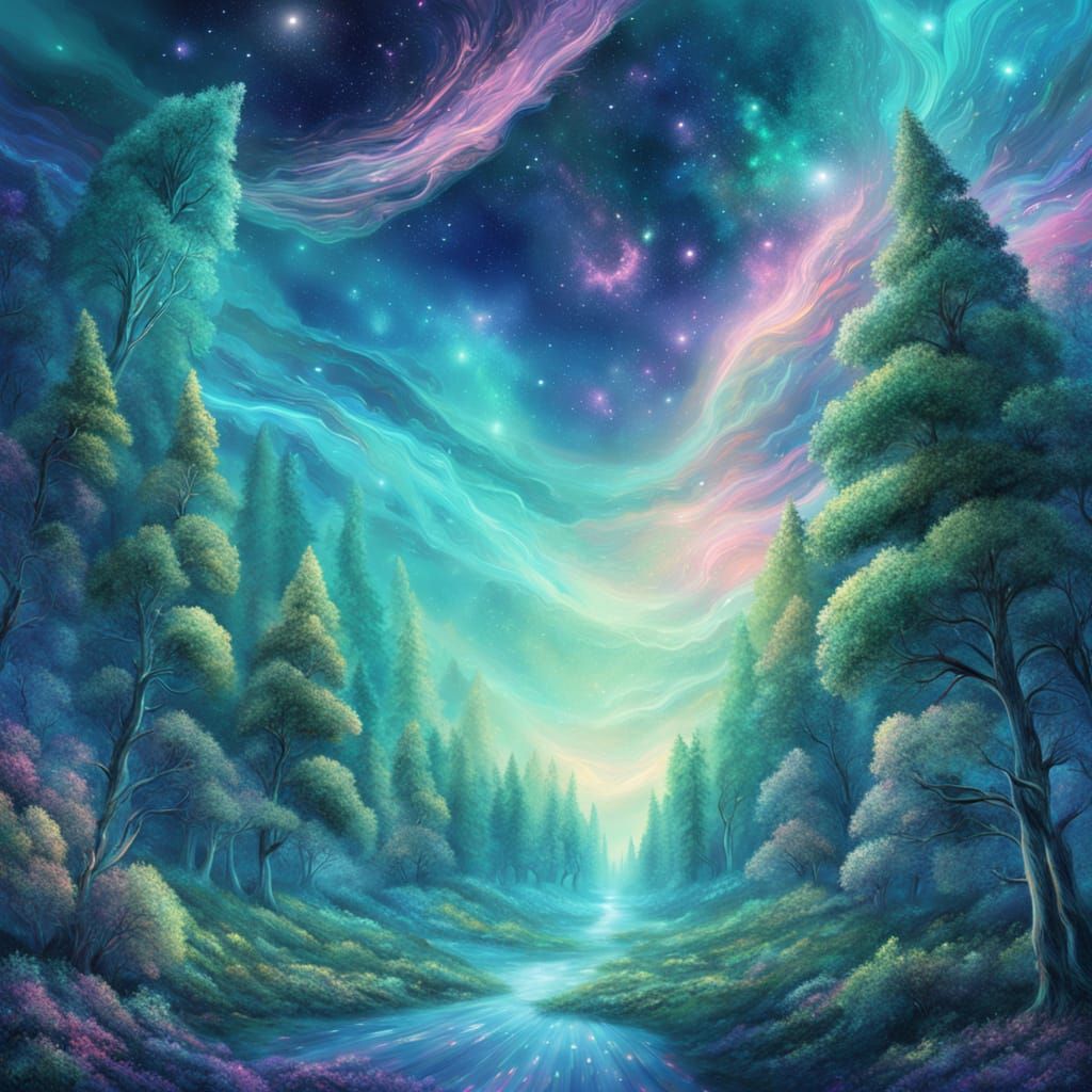 Ethereal Snowy Forest under Cosmic Aurora Borealis