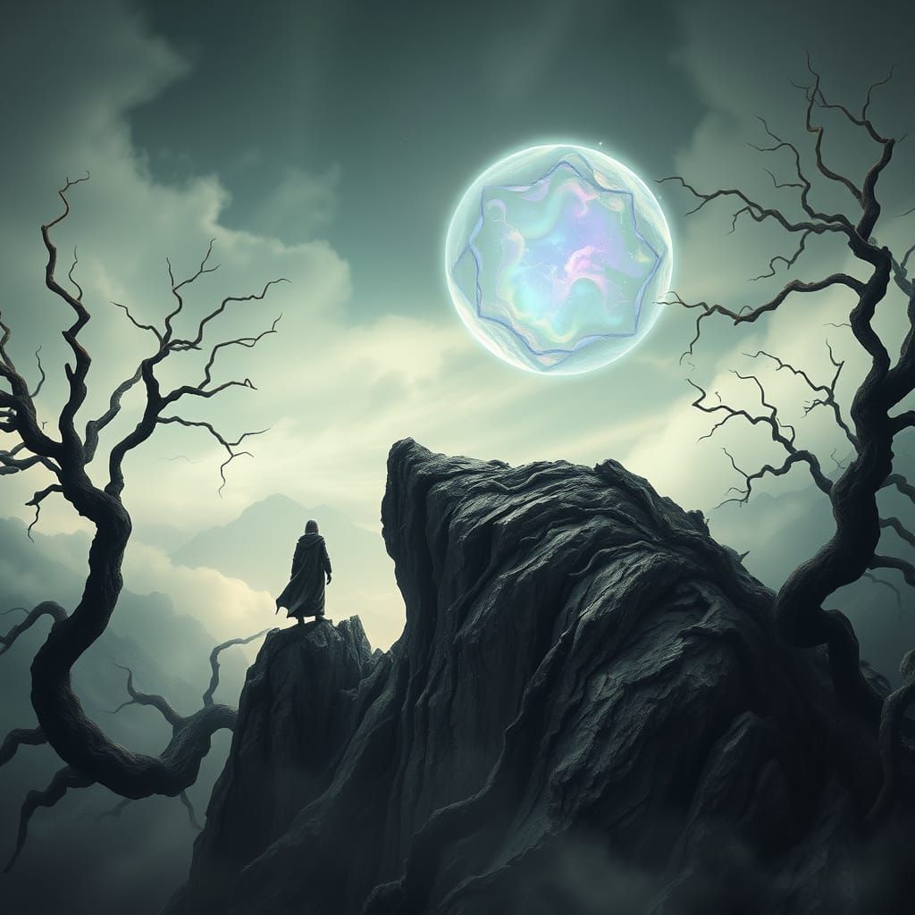 Mystical Figure at the Edge of a Shimmering Portal in a Drea...