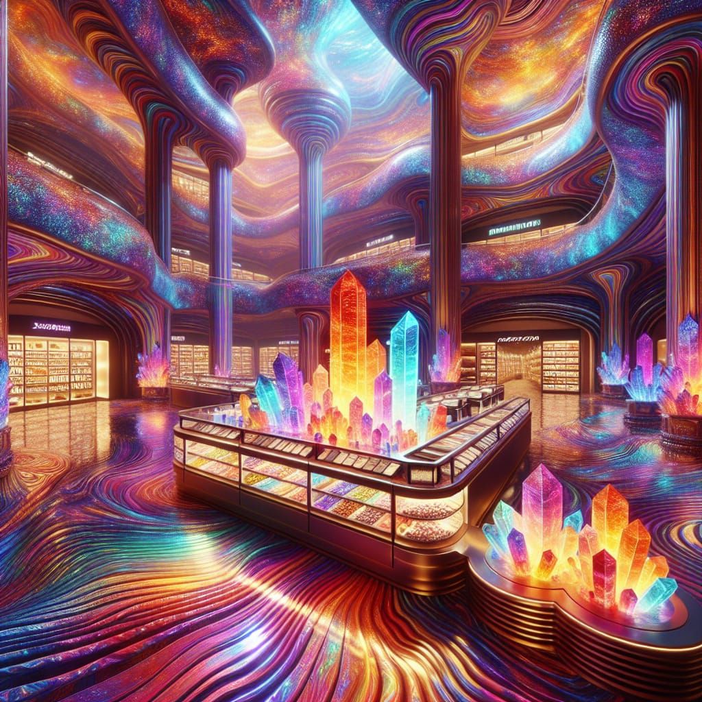 Surreal Jewelry Kiosk Amidst Iridescent Interdimensional Mal...