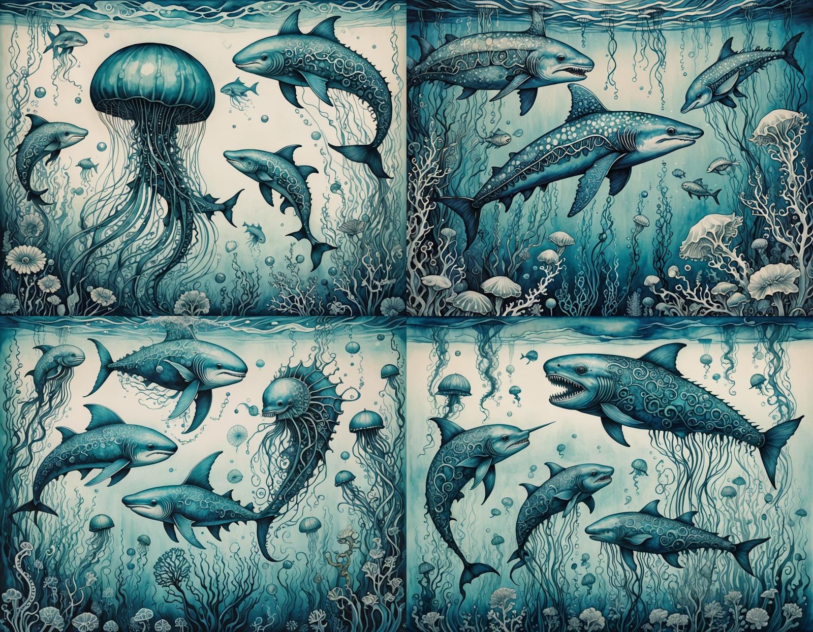 Surreal Underwater Hybrid Creature in Blue Ink