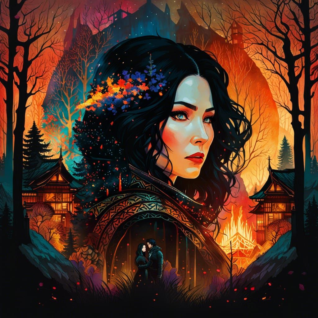 Yennefer Double Exposure Portrait with Burning Village