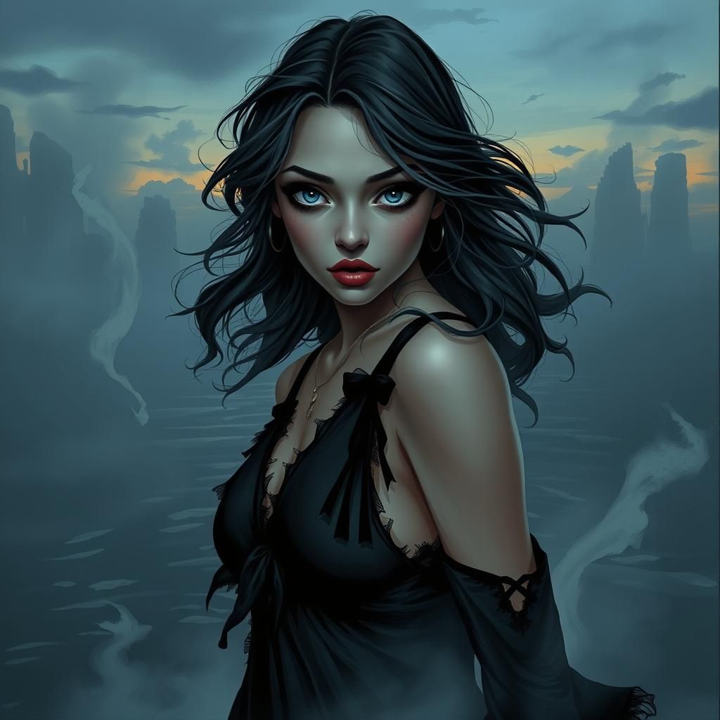 Ethereal Ghost Woman Floating at Dusk in Gothic Style