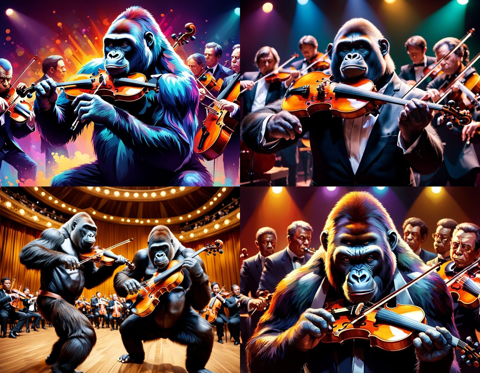 Gorilla Plays Violin in Hyperrealistic Style