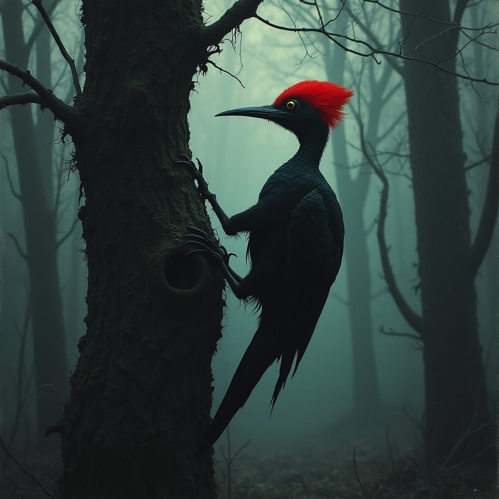 Woodpecker in a Dark, Ominous Forest