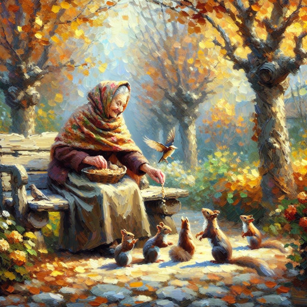 Elderly Woman Feeding Squirrels: An Impasto Oil Painting