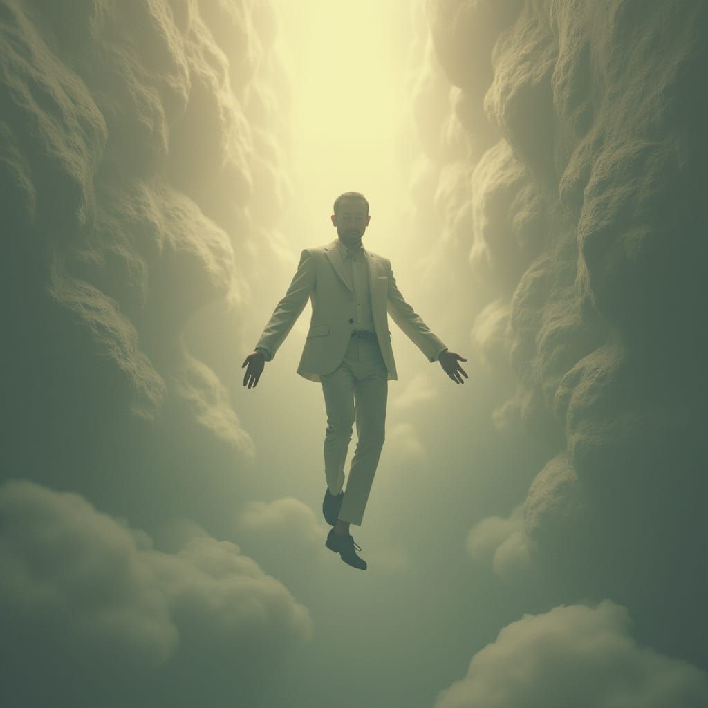 Man in Suit Suspended in Infinite Void