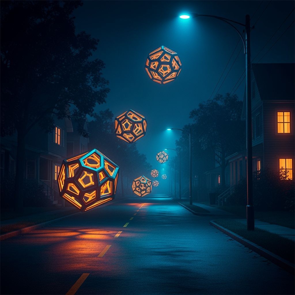 Eerie Geometric Shapes Float Down Nighttime Suburban Street