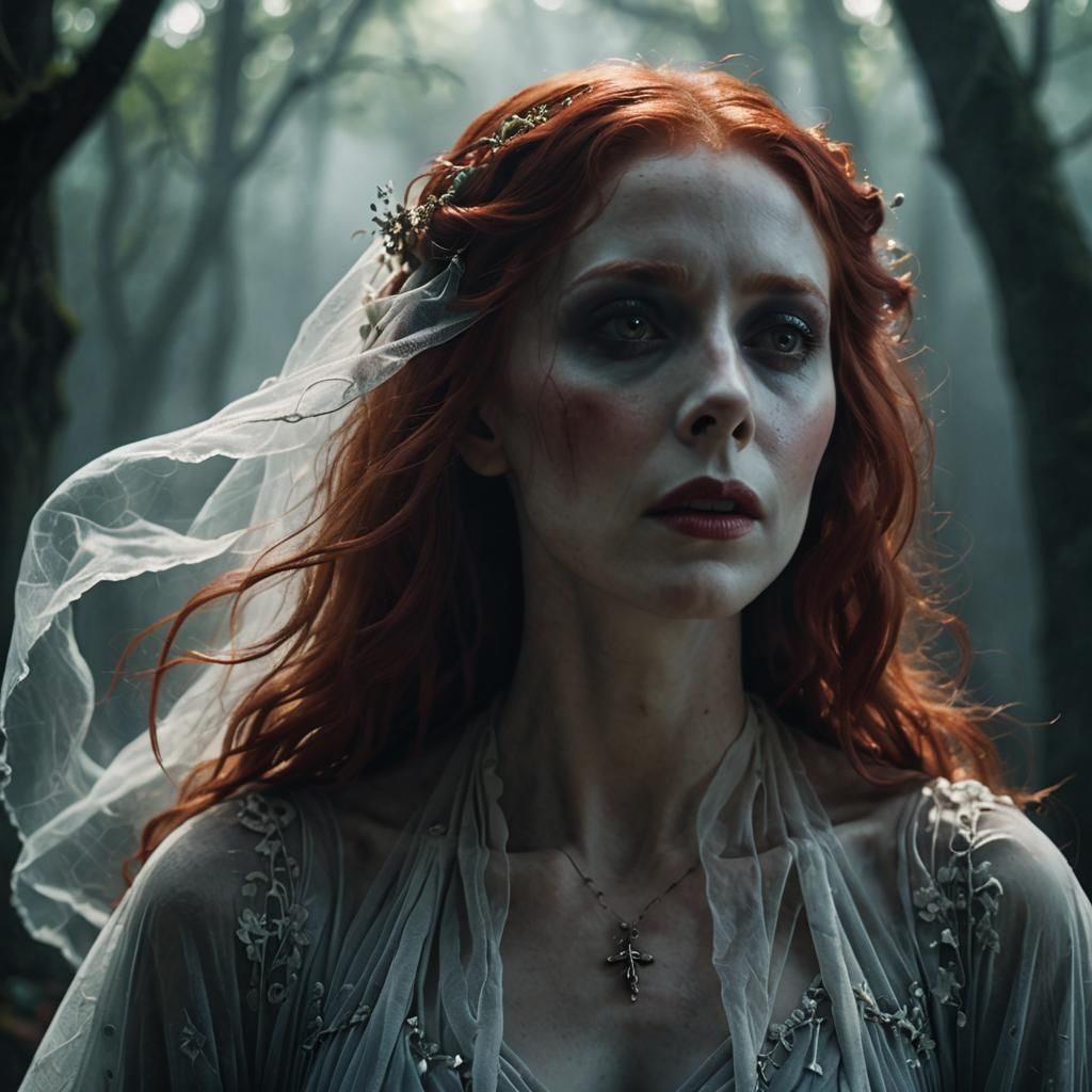 Ethereal Ghost Touches Dead Woman: Cinematic Film Still