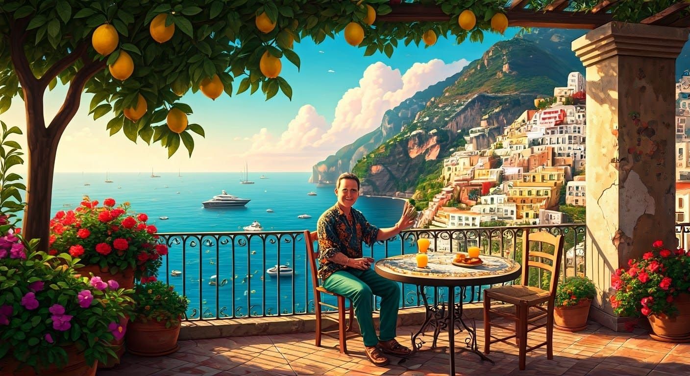 Vibrant Mediterranean Coastal Scene with Painterly Style