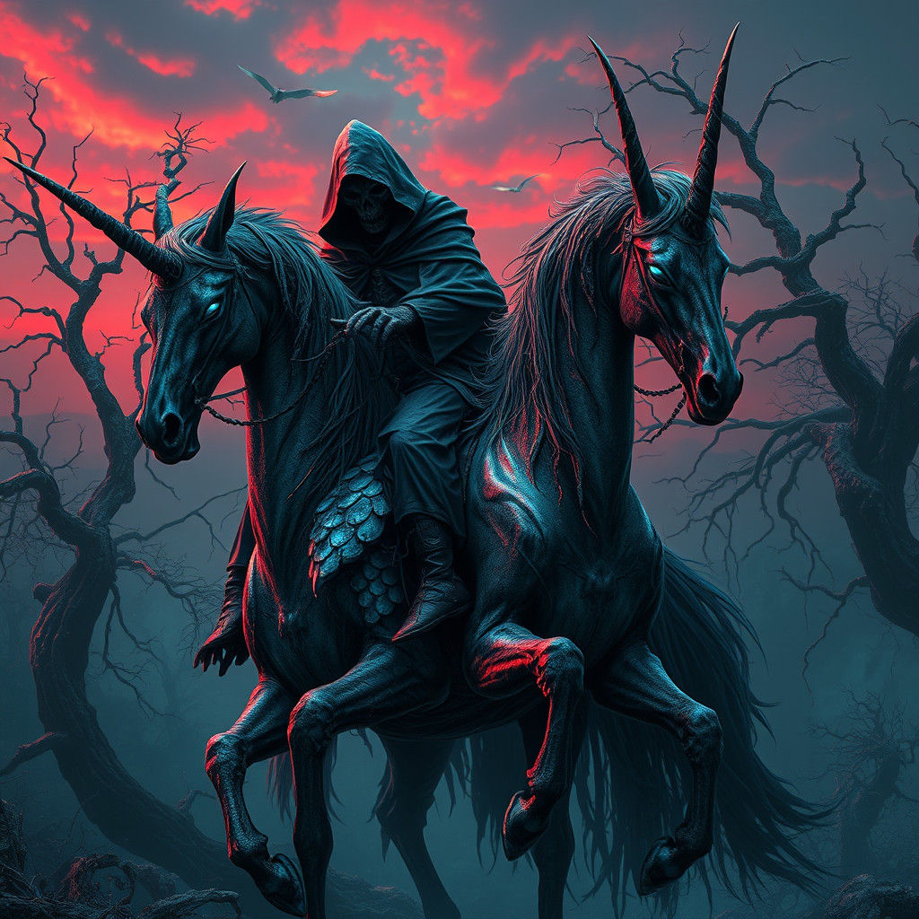 Grim Reaper Rides Undead Alicorn in Fantasy Landscape